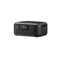 The Ecoflow power station offers a 245Wh capacity, digital display, two AC outlets, multiple USB ports, and features a compact, sleek dark rectangular design for portability.