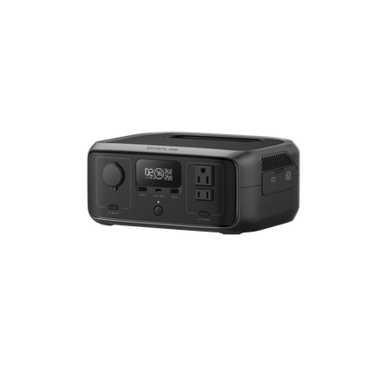 The Ecoflow power station offers a 245Wh capacity, digital display, two AC outlets, multiple USB ports, and features a compact, sleek dark rectangular design for portability.