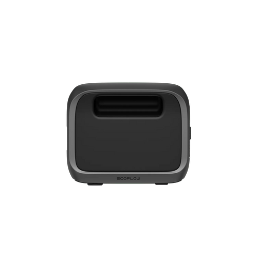 A compact, portable black and gray EcoFlow device with rounded edges and a single horizontal front vent; EcoFlow appears at the bottom center. The background is transparent.