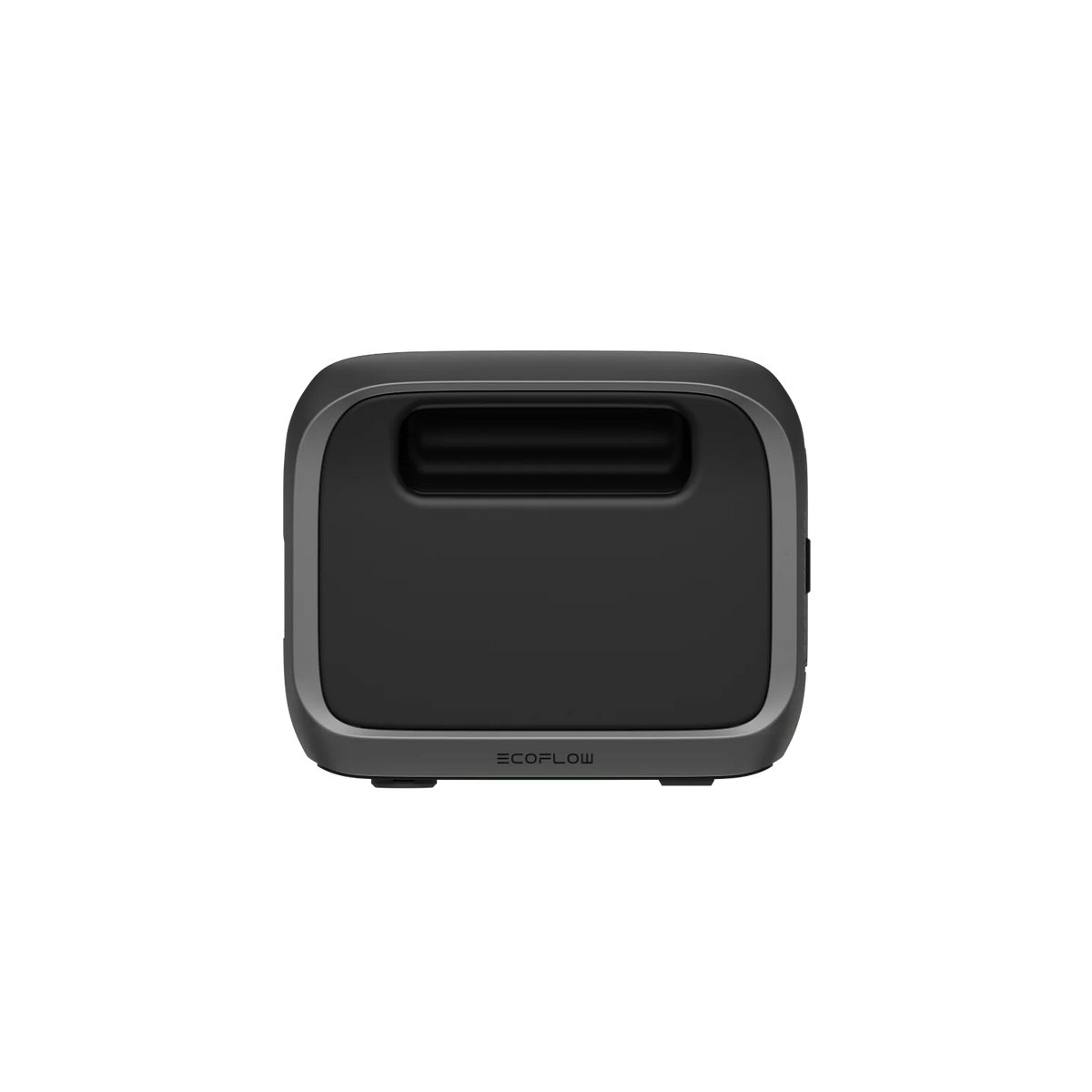 A compact, portable black and gray EcoFlow device with rounded edges and a single horizontal front vent; EcoFlow appears at the bottom center. The background is transparent.