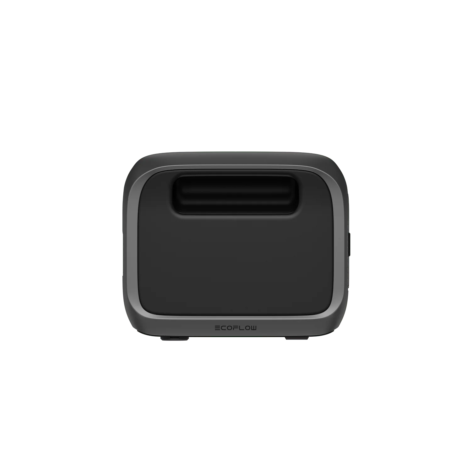 A compact, portable black and gray EcoFlow device with rounded edges and a single horizontal front vent; EcoFlow appears at the bottom center. The background is transparent.