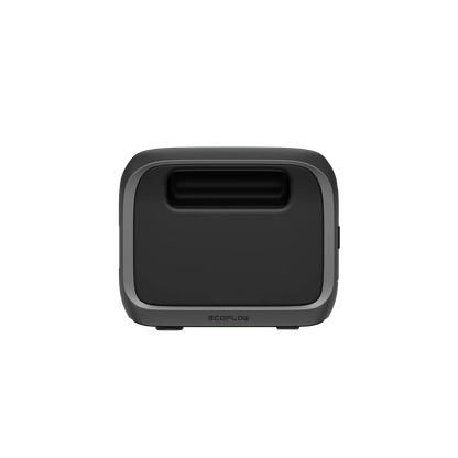 A compact, portable black and gray EcoFlow device with rounded edges and a single horizontal front vent; EcoFlow appears at the bottom center. The background is transparent.
