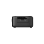 A black rectangular Ecoflow device is shown from the back, featuring ventilation slats and two ports. Its compact, portable design with advanced X-GaNPower technology is set against a plain white background.