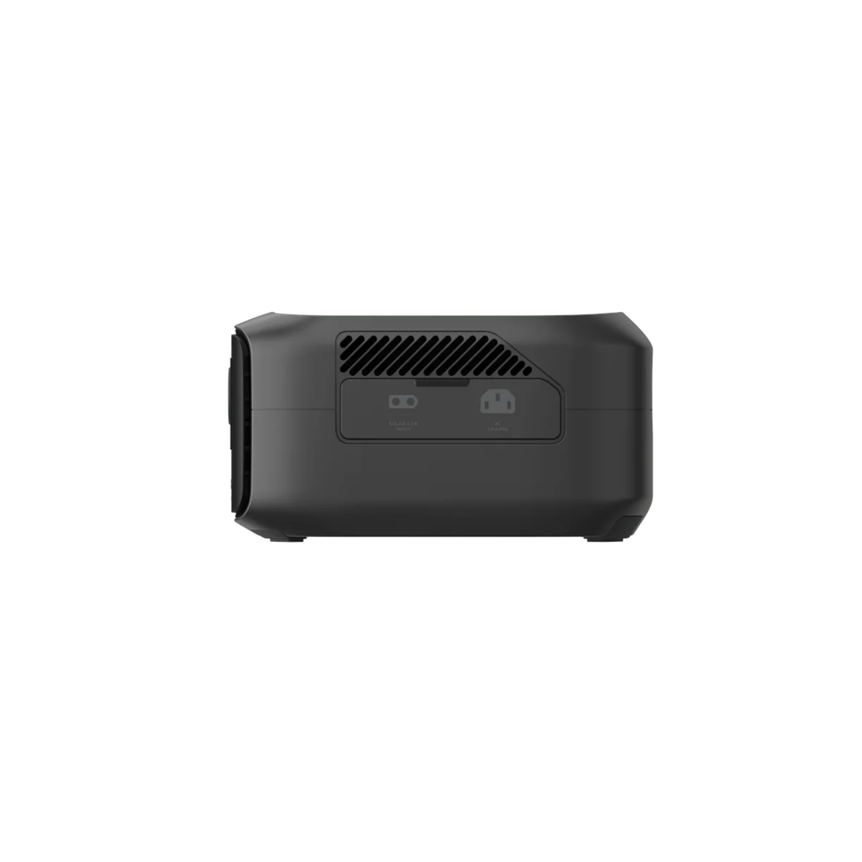 A black rectangular Ecoflow device is shown from the back, featuring ventilation slats and two ports. Its compact, portable design with advanced X-GaNPower technology is set against a plain white background.