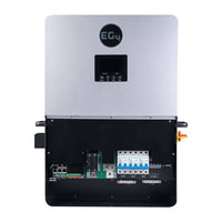 Front view of an EG4 solar inverter with its lower panel open, showing internal wiring, circuit breakers, and electronic components. The top section includes a digital display and control buttons. Brand: EG4.