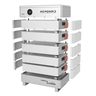 The Homegrid modular home battery system features six silver units for expandable energy storage, delivering reliable full-home backup power.