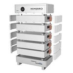 A modular Sol-Ark HomeGrid lithium battery energy storage system with six stacked white rectangular units and a top display panel—perfect for use with a hybrid inverter to boost your renewable energy usage.