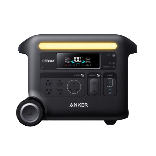 The Anker portable power station features a black design with a digital display, multiple outlets and ports, solar input, a yellow light strip on top, and a large side wheel for easy transport. Instantly check battery capacity at a glance.