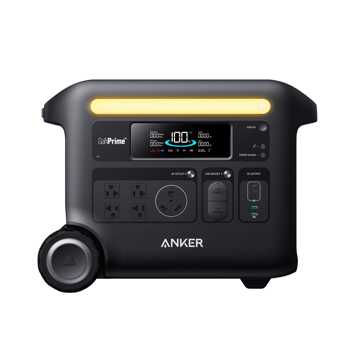 The Anker portable power station features a black design with a digital display, multiple outlets and ports, solar input, a yellow light strip on top, and a large side wheel for easy transport. Instantly check battery capacity at a glance.