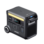 The Anker portable power station has high battery capacity, multiple outlets, a digital display, built-in handle and wheels for easy transport. Its black design includes a yellow LED strip and supports solar input for versatile charging.