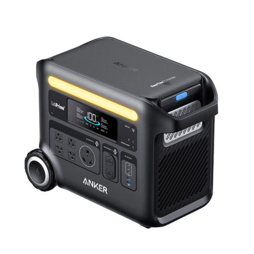 The Anker portable power station has high battery capacity, multiple outlets, a digital display, built-in handle and wheels for easy transport. Its black design includes a yellow LED strip and supports solar input for versatile charging.