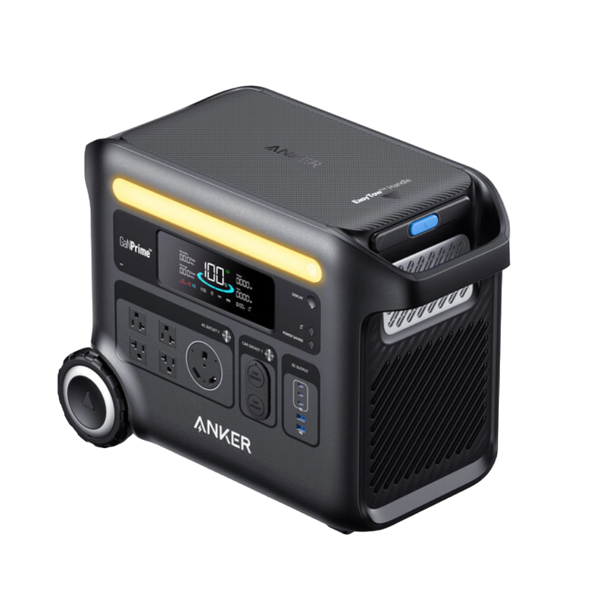 The Anker portable power station has high battery capacity, multiple outlets, a digital display, built-in handle and wheels for easy transport. Its black design includes a yellow LED strip and supports solar input for versatile charging.