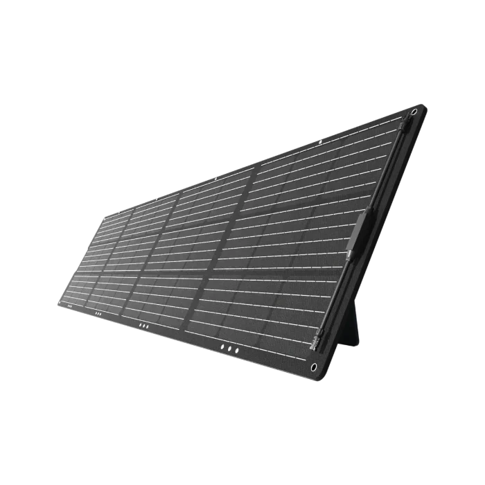 A Mango Power 200W Solar Panel stands angled, highlighting its dark surface with horizontal white lines, durable ETFE Solar Cell Lamination, and a strong rear stand.