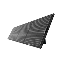 A Mango Power 200W Solar Panel stands angled, highlighting its dark surface with horizontal white lines, durable ETFE Solar Cell Lamination, and a strong rear stand.