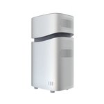 A sleek, modern white Mango Power air purifier with rounded edges, perforated vents, and a black accent band stands upright—an ideal companion for your Mango Power Union portable battery system.