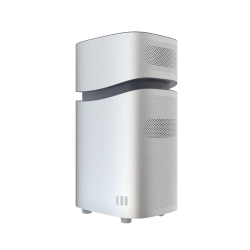 A sleek, modern white Mango Power air purifier with rounded edges, perforated vents, and a black accent band stands upright—an ideal companion for your Mango Power Union portable battery system.