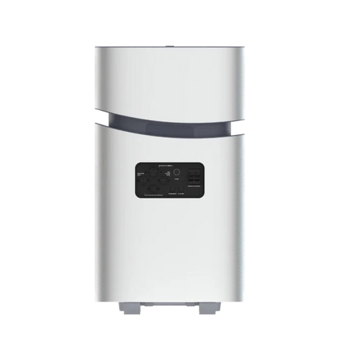 A white rectangular Mango Power home inverter with a black control panel featuring buttons and indicators on the front stands upright on short feet, designed for reliable home backup power, against a plain background.