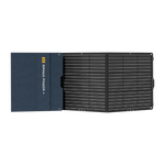 The Mango Power 200W foldable solar panel is partially unfolded, showing a dark navy casing with the Mango Power brand on the left and black ETFE solar cells neatly arranged to the right.