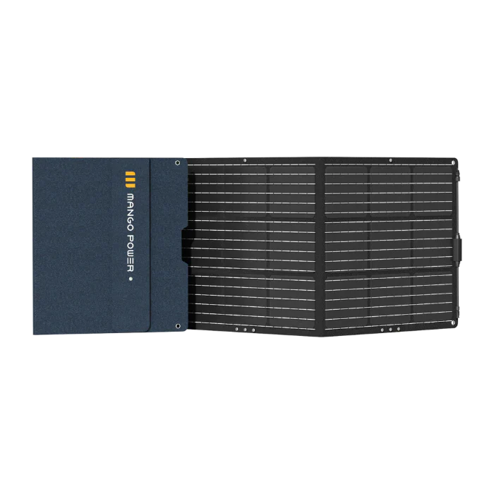 The Mango Power 200W foldable solar panel is partially unfolded, showing a dark navy casing with the Mango Power brand on the left and black ETFE solar cells neatly arranged to the right.