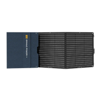 The Mango Power 200W foldable solar panel is partially unfolded, showing a dark navy casing with the Mango Power brand on the left and black ETFE solar cells neatly arranged to the right.