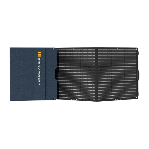 The Mango Power foldable portable solar panel features one solid blue section with the Mango Power logo and three black solar sections unfolded horizontally, ideal for pairing with a portable power solution.