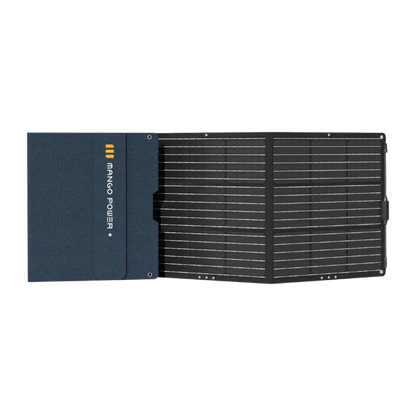 The Mango Power foldable portable solar panel features one solid blue section with the Mango Power logo and three black solar sections unfolded horizontally, ideal for pairing with a portable power solution.