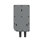 The Mango Power rectangular gray metal box mounts vertically, has multiple screw holes, and includes two black conduits for 240V split-phase connections—ideal for reliable home backup power.