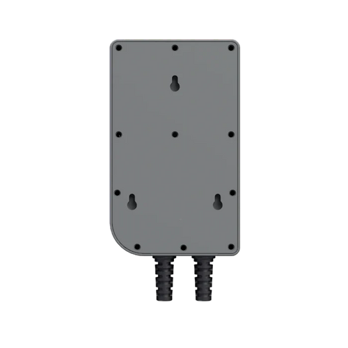 The Mango Power rectangular gray metal box mounts vertically, has multiple screw holes, and includes two black conduits for 240V split-phase connections—ideal for reliable home backup power.
