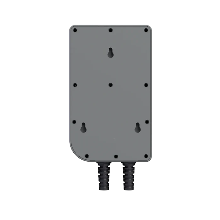 The Mango Power rectangular gray metal box mounts vertically, has multiple screw holes, and includes two black conduits for 240V split-phase connections—ideal for reliable home backup power.