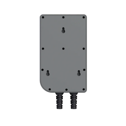 The Mango Power rectangular gray metal box mounts vertically, has multiple screw holes, and includes two black conduits for 240V split-phase connections—ideal for reliable home backup power.