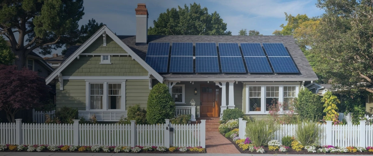 A charming green house with white trim and a picket fence, featuring solar panels on the roof, surrounded by colorful flowers, shrubs, and trees on a sunny day.