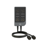The Mango Power black electrical splitter box has four round outlets, two cables with round three-prong plugs, and is labeled “30A/240V 7kVA outlet”—ideal for 240V split-phase home backup solutions.