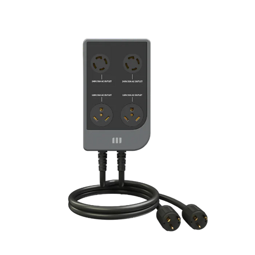 The Mango Power black electrical splitter box has four round outlets, two cables with round three-prong plugs, and is labeled “30A/240V 7kVA outlet”—ideal for 240V split-phase home backup solutions.