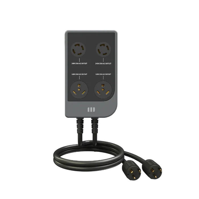 The Mango Power black electrical splitter box has four round outlets, two cables with round three-prong plugs, and is labeled “30A/240V 7kVA outlet”—ideal for 240V split-phase home backup solutions.