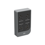 A gray Mango Power electrical outlet panel with four round sockets (240V split-phase and 120V AC), arranged vertically in a rectangular case—ideal for robust home backup solutions.