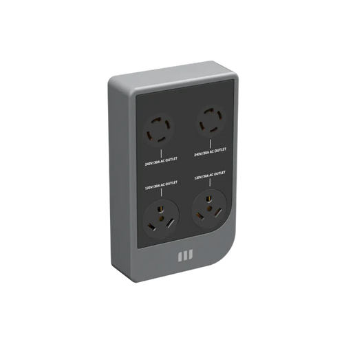 A gray Mango Power electrical outlet panel with four round sockets (240V split-phase and 120V AC), arranged vertically in a rectangular case—ideal for robust home backup solutions.