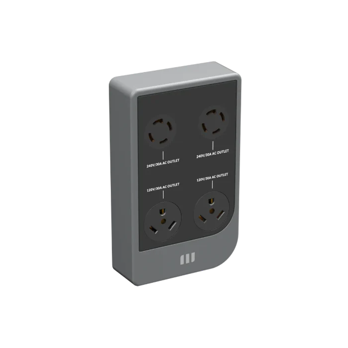 A gray Mango Power electrical outlet panel with four round sockets (240V split-phase and 120V AC), arranged vertically in a rectangular case—ideal for robust home backup solutions.