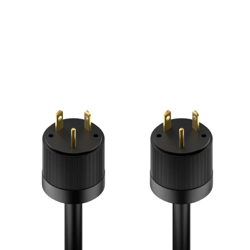 Two Mango Power black power plugs with three gold prongs each, shown side by side. Their cylindrical, ribbed design near the prongs makes them ideal for connecting 240V split-phase systems in reliable home backup setups.