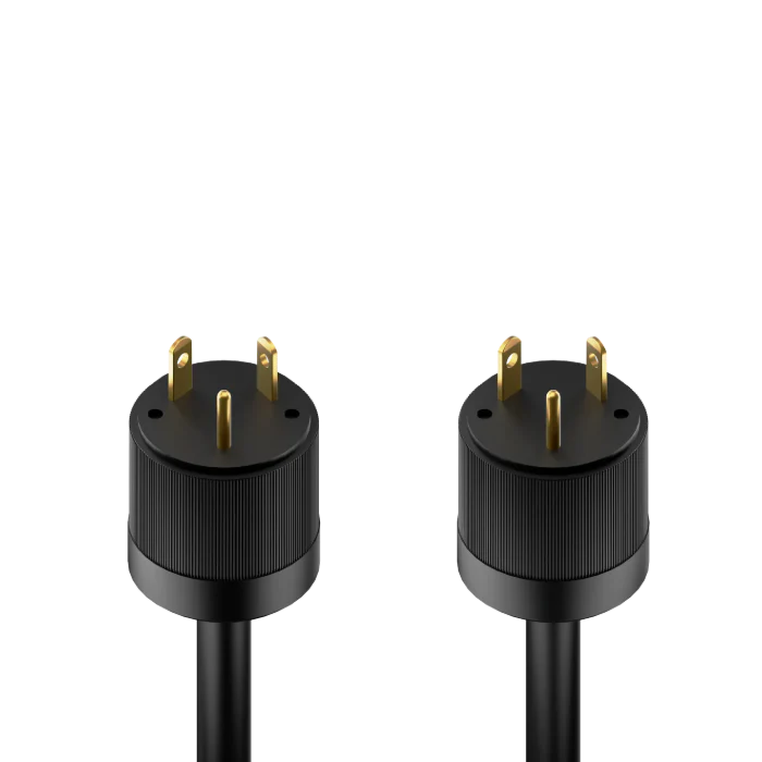 Two Mango Power black power plugs with three gold prongs each, shown side by side. Their cylindrical, ribbed design near the prongs makes them ideal for connecting 240V split-phase systems in reliable home backup setups.