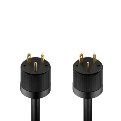Two Mango Power black power plugs with three gold prongs each, shown side by side. Their cylindrical, ribbed design near the prongs makes them ideal for connecting 240V split-phase systems in reliable home backup setups.