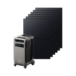 Anker portable power station with wheels and control panel is positioned in front of five large, staggered solar panels, ready for charging or reliable backup power.