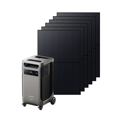 Anker portable power station with wheels and control panel is positioned in front of five large, staggered solar panels, ready for charging or reliable backup power.