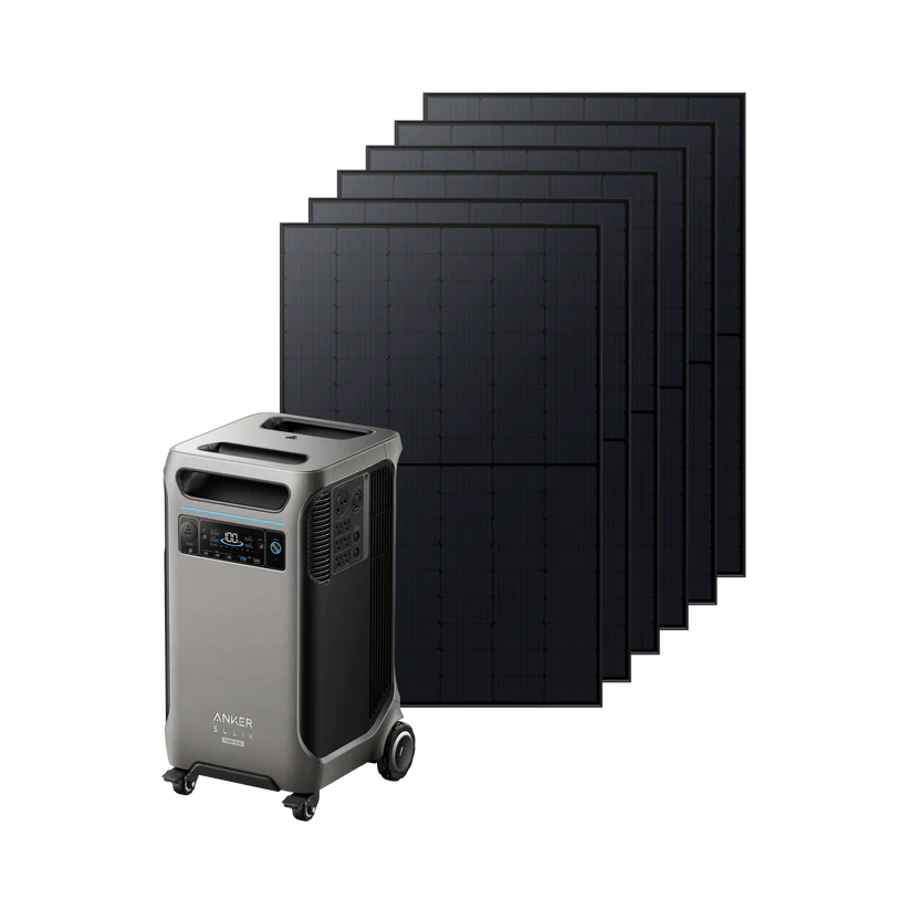 Anker portable power station with wheels and control panel is positioned in front of five large, staggered solar panels, ready for charging or reliable backup power.