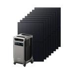 An Anker portable power station with a display and control buttons stands before six large black solar panels arranged in a row, ready to deliver backup power through efficient solar input.