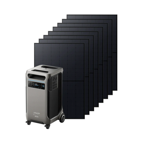 An Anker portable power station with a display and control buttons stands before six large black solar panels arranged in a row, ready to deliver backup power through efficient solar input.