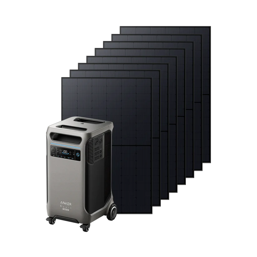 An Anker portable power station with a display and control buttons stands before six large black solar panels arranged in a row, ready to deliver backup power through efficient solar input.