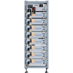 A tall Sol-Ark metal cabinet holds eight stacked Limitless Lithium battery modules with orange handles, a control panel, and electrical switches at the top to provide reliable backup power.