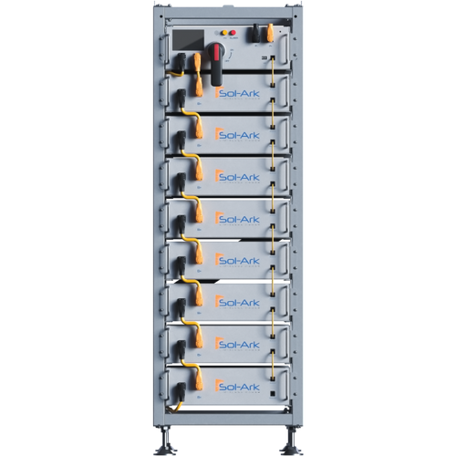 A tall Sol-Ark metal cabinet holds eight stacked Limitless Lithium battery modules with orange handles, a control panel, and electrical switches at the top to provide reliable backup power.