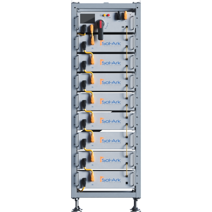 A tall Sol-Ark metal cabinet holds eight stacked Limitless Lithium battery modules with orange handles, a control panel, and electrical switches at the top to provide reliable backup power.