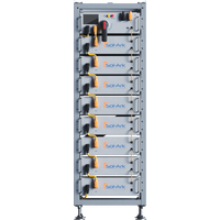 A tall Sol-Ark metal cabinet holds eight stacked Limitless Lithium battery modules with orange handles, a control panel, and electrical switches at the top to provide reliable backup power.